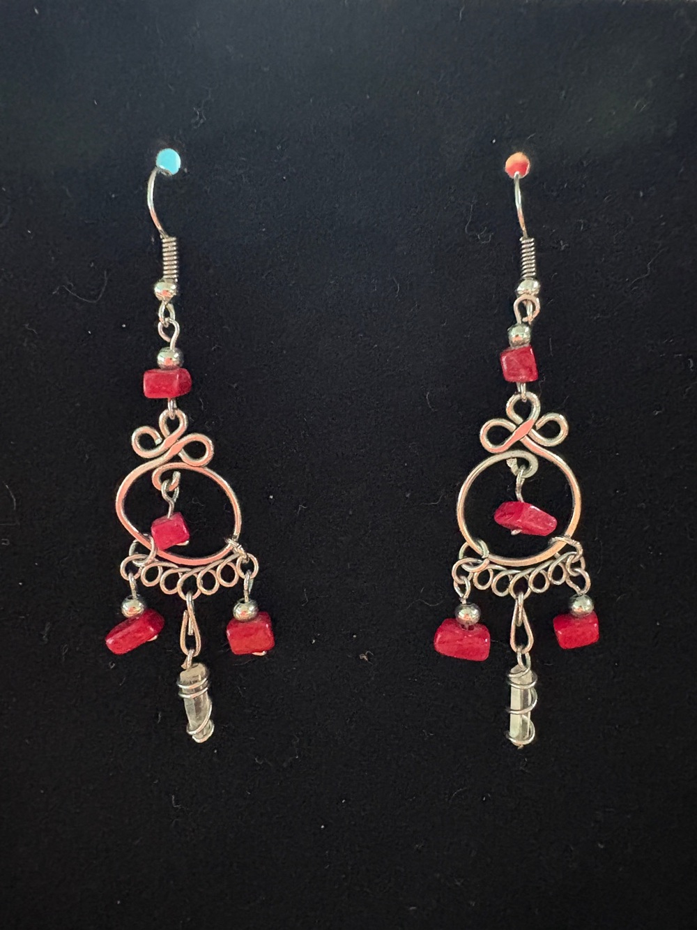 Red Dangle Earrings with Silver-Tone Accents